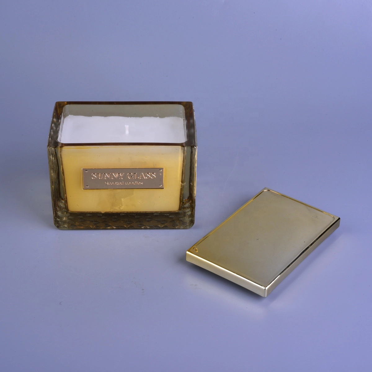 Sunny design golden luxury square glass candle holder and lid