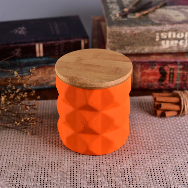 Geo cut matte ceramic candle jars with wood lid