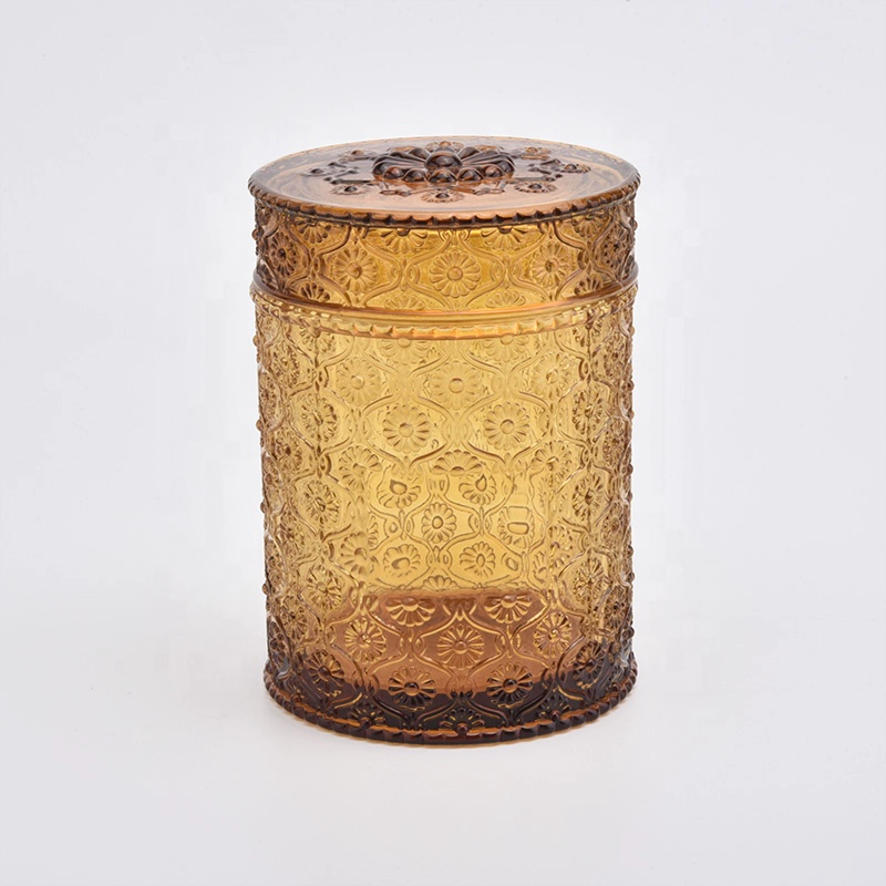 H shaped amber glass candle holders with glass lids