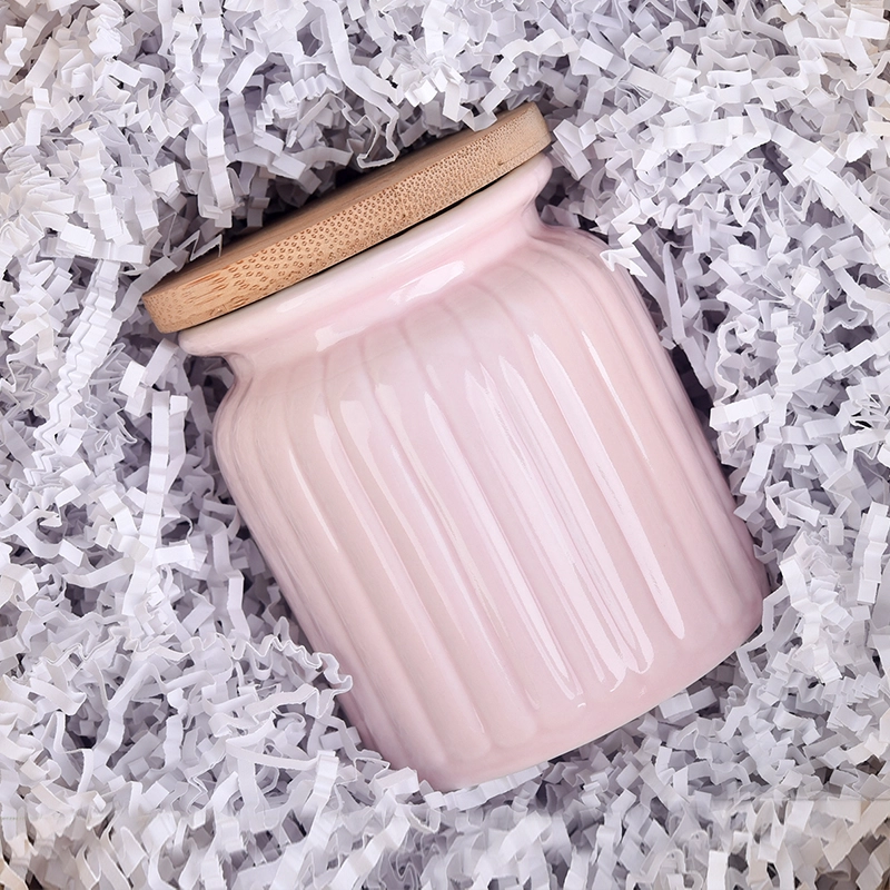 Pink ceramic candle jars with wooden lid home decor  wholesale