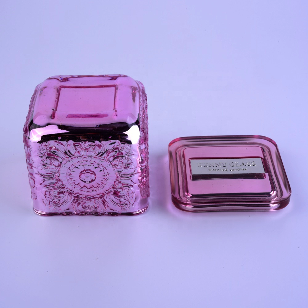 Custom pink square electroplated scented glass candle holder with lid