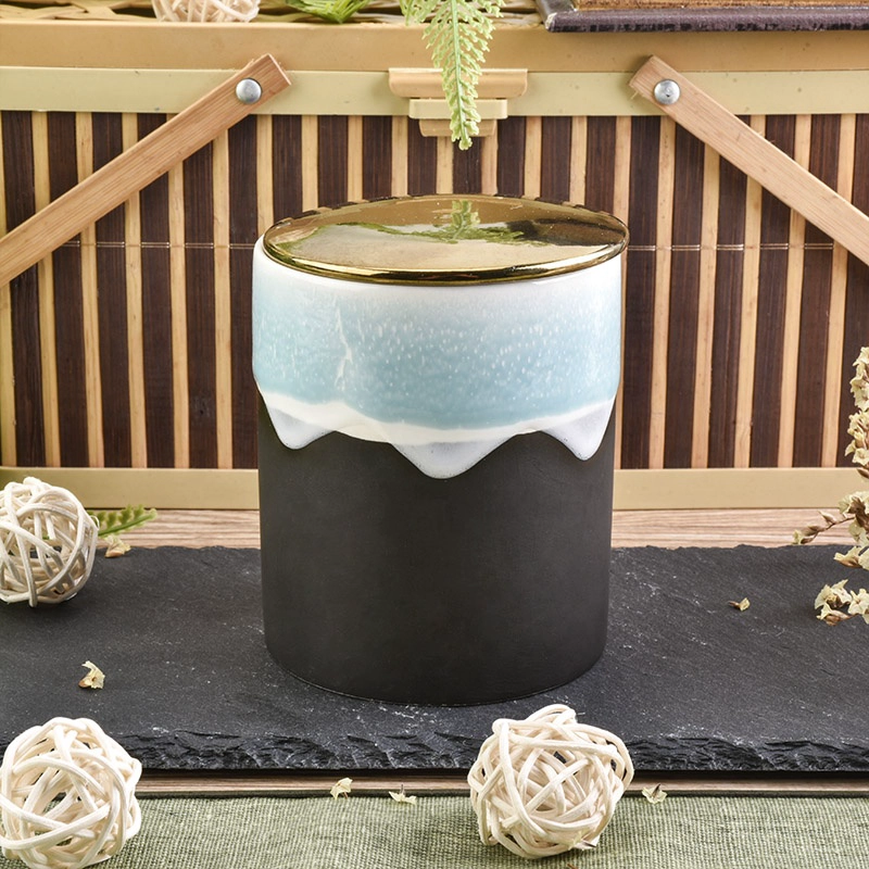 Cylinder handmade printing candle pillar votive holder church ceramic jar with metal lids home decoration factory