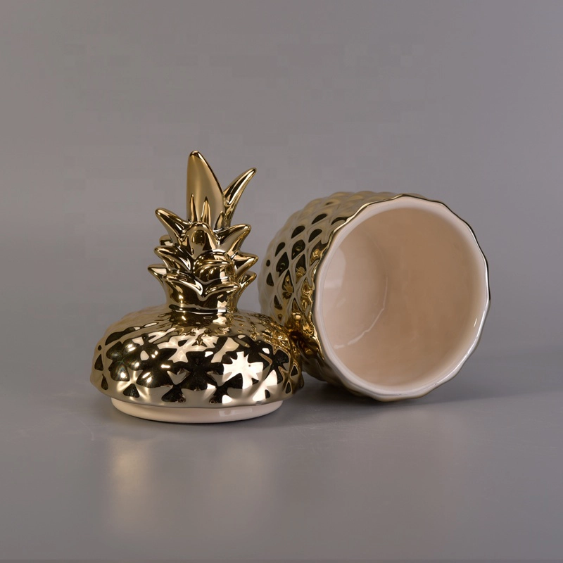Pineapple golden ceramic candle container with lid for home decoration
