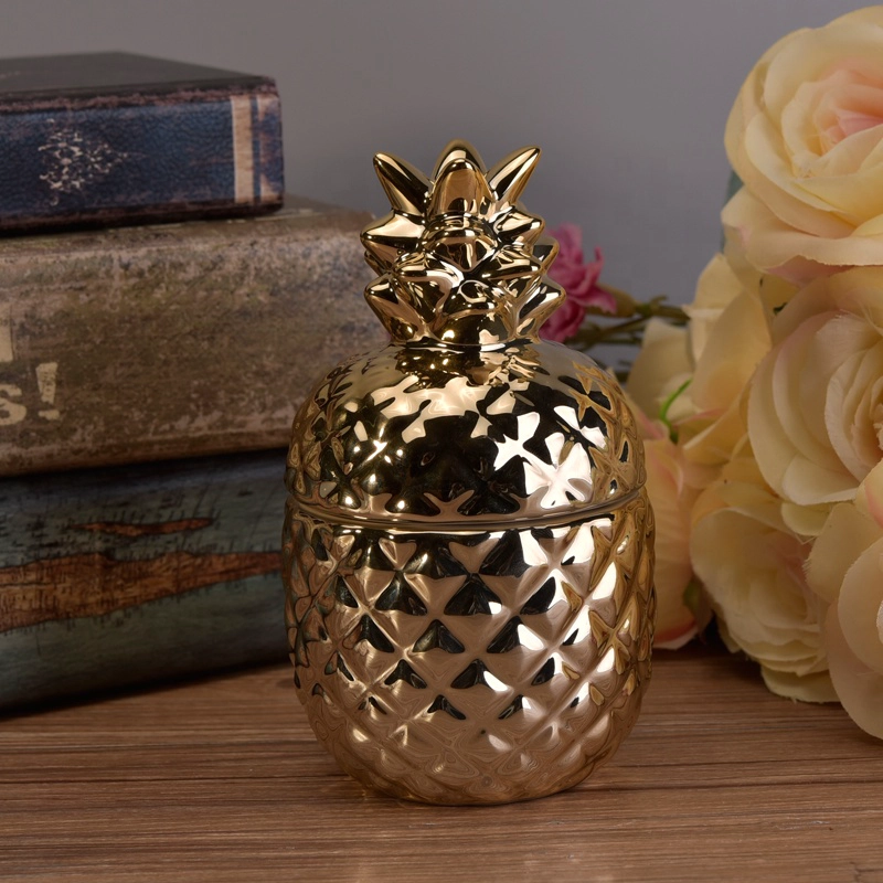 Pineapple shape ceramic candle jar decorative with gold lid wholesales
