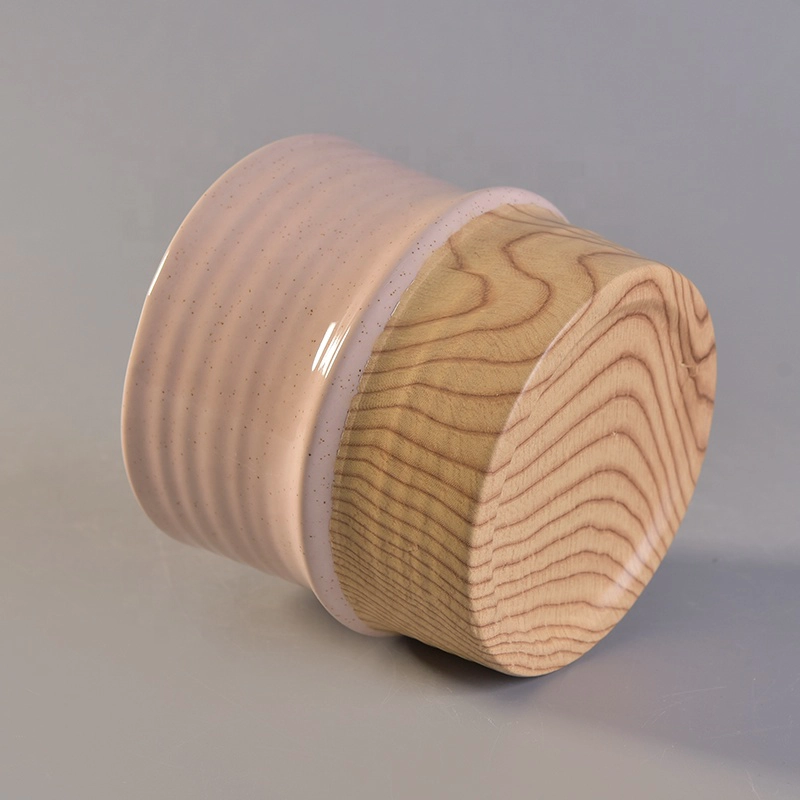 Cylinder handmade candle votive container ceramic candle jar with wooden base wedding decoration factory