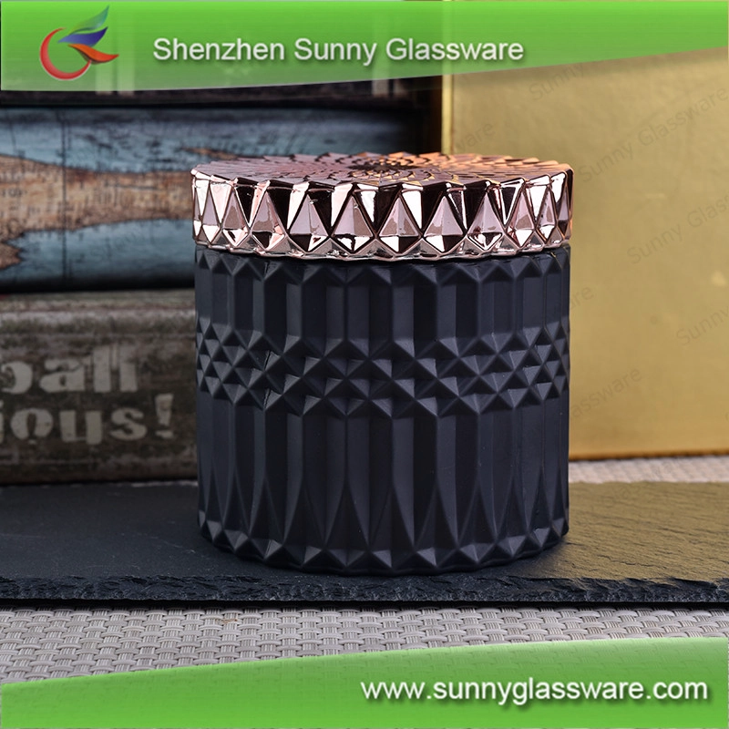 Popular luxury diamond wholesale matte black glass candle holder with lids for candle making
