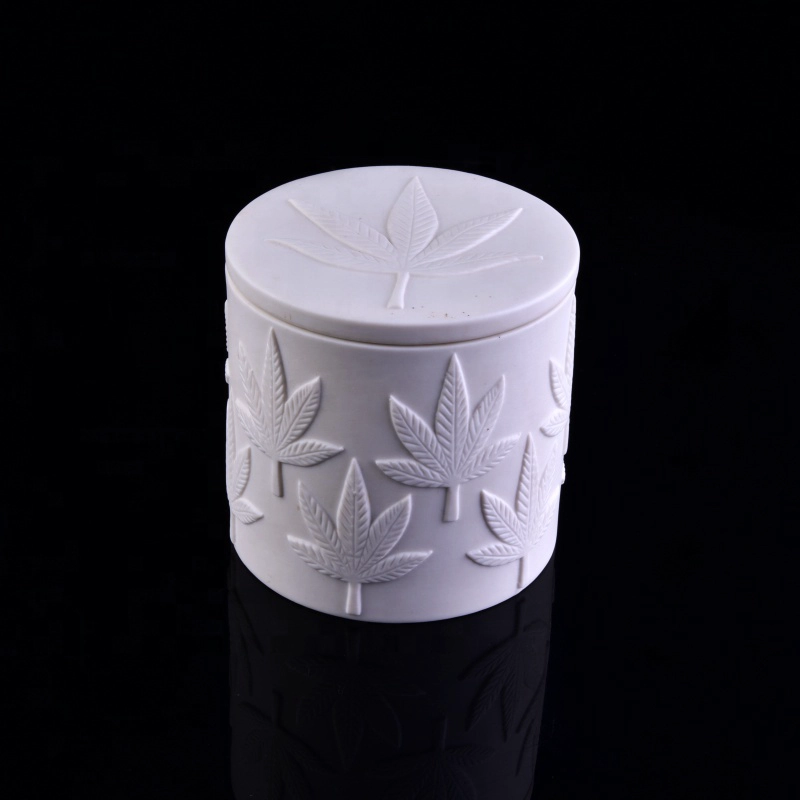 10oz 20oz Supplier leaf white frosted ceramic candle holder with lid
