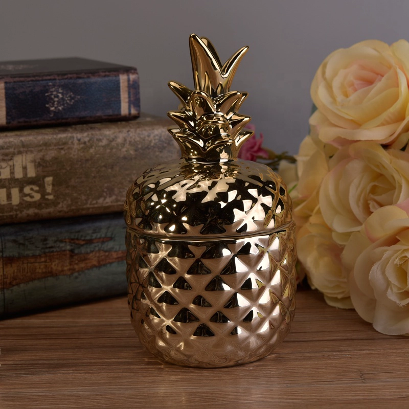 Pineapple golden ceramic candle container with lid for home decoration