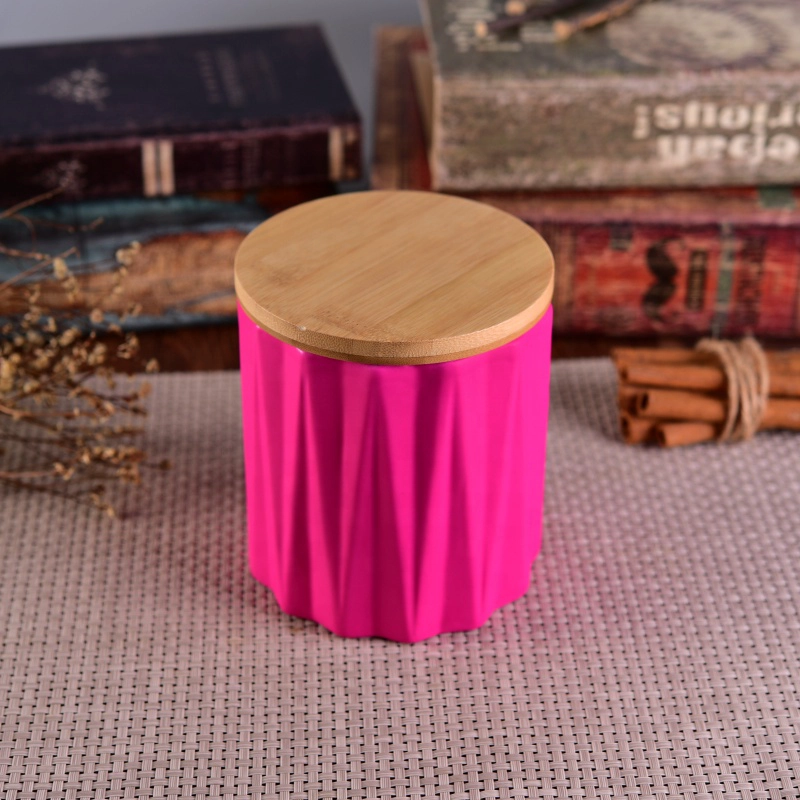 Geo cut matte ceramic candle jars with wood lid