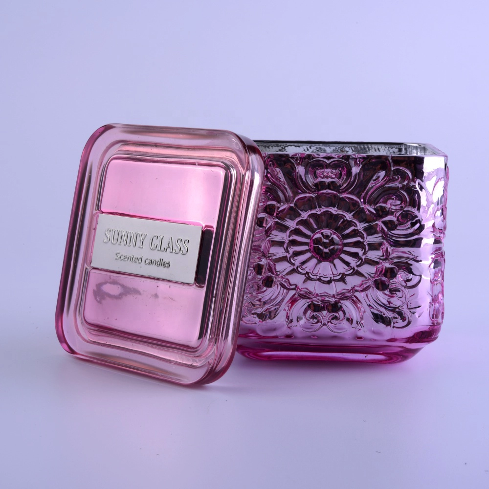 Custom pink square electroplated scented glass candle holder with lid