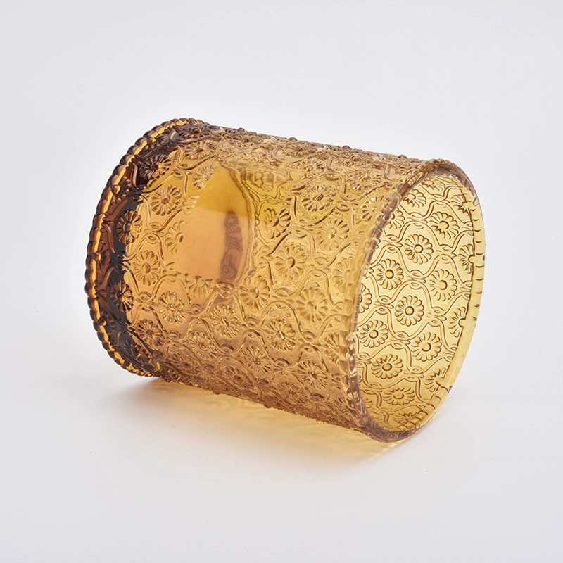 H shaped amber glass candle holders with glass lids