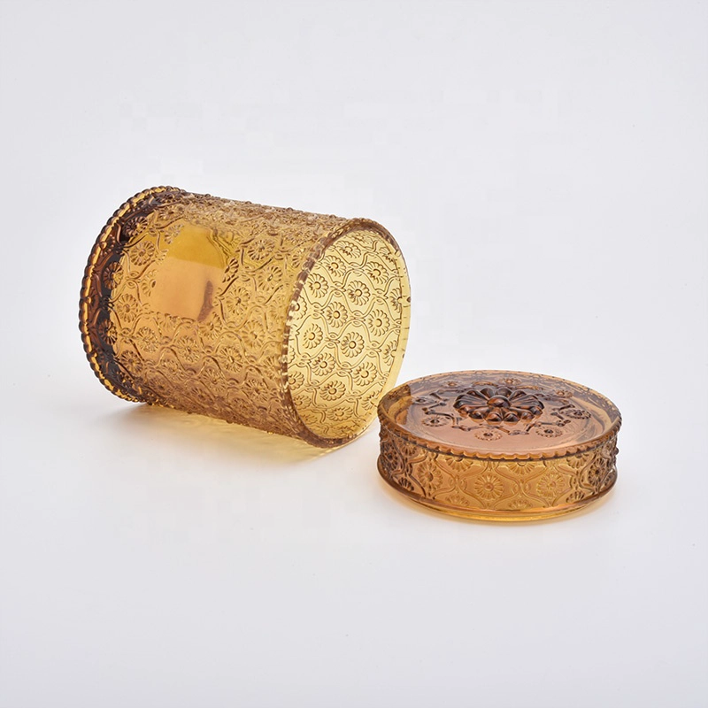 H shaped amber glass candle holders with glass lids