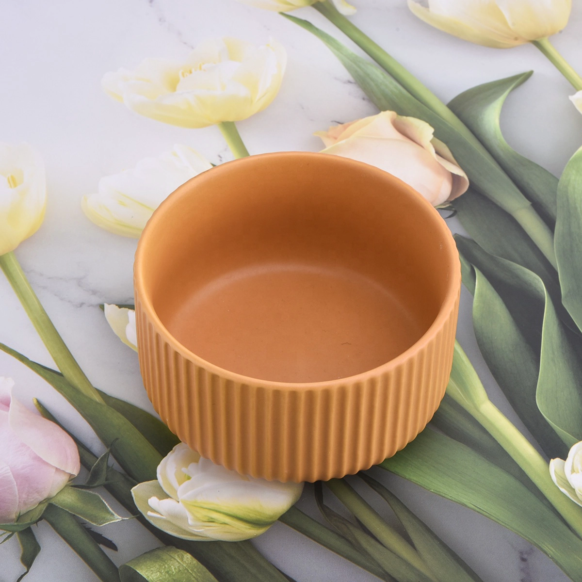 yellow glazing color ceramic candle jar with strips design
