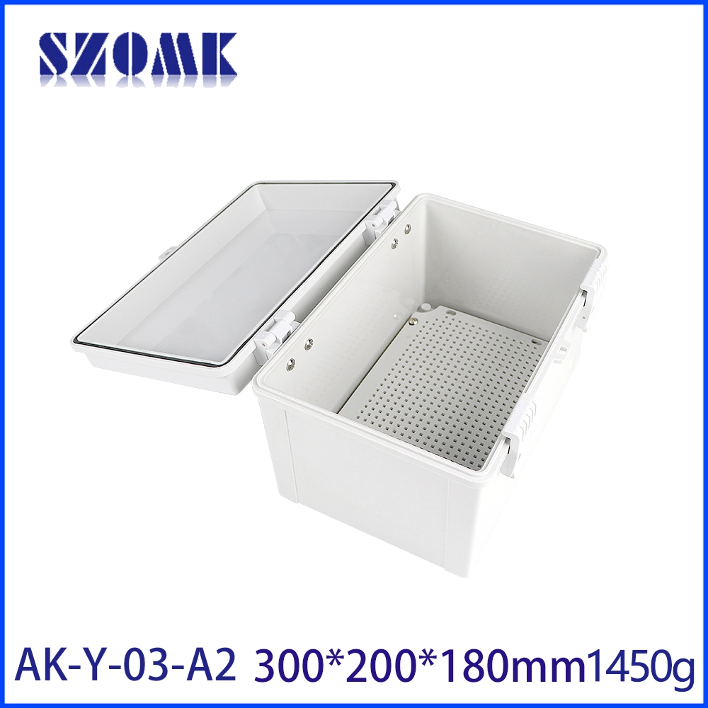 AK-Y-03A2灰色铰链门小型防水盒电源外壳盒带透明盖300x200x180mm