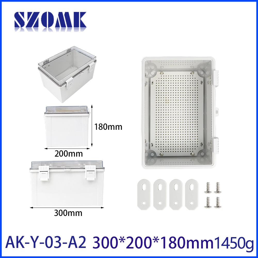 AK-Y-03A2灰色铰链门小型防水盒电源外壳盒带透明盖300x200x180mm