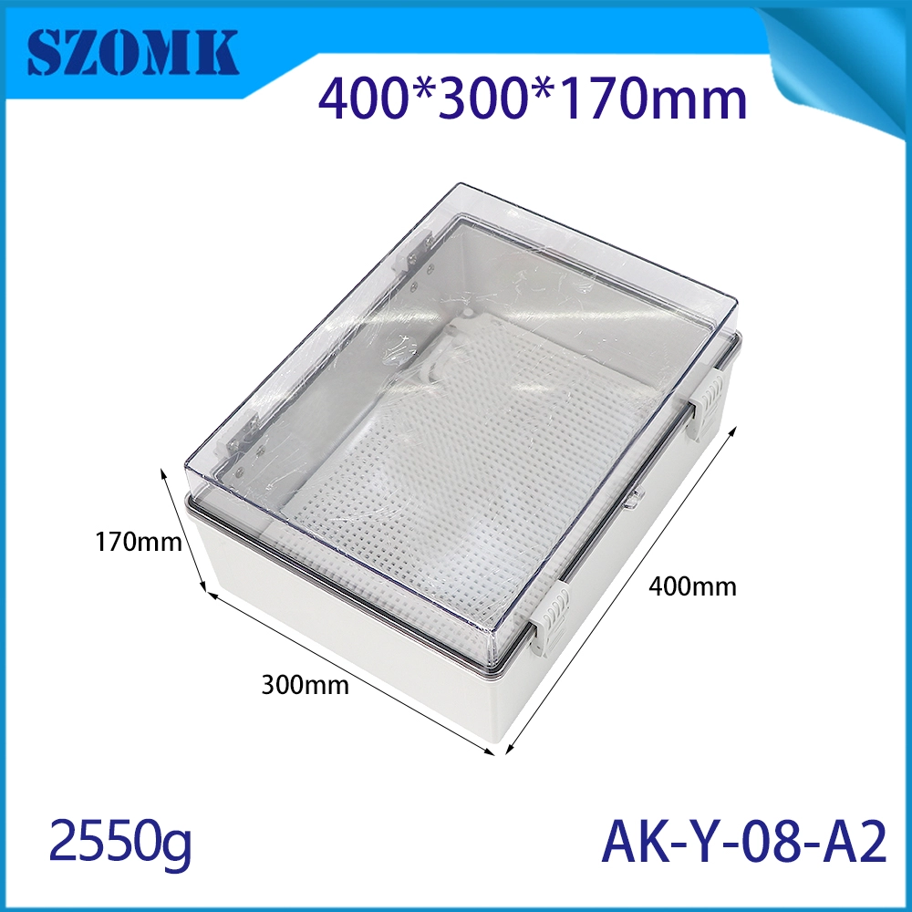 AK-Y-08A2 مفصلية حائط حائط بلاستيكي حاوية مقاومة للماء صافية تغطية تغطية PC حاوية 400 × 300X170MM