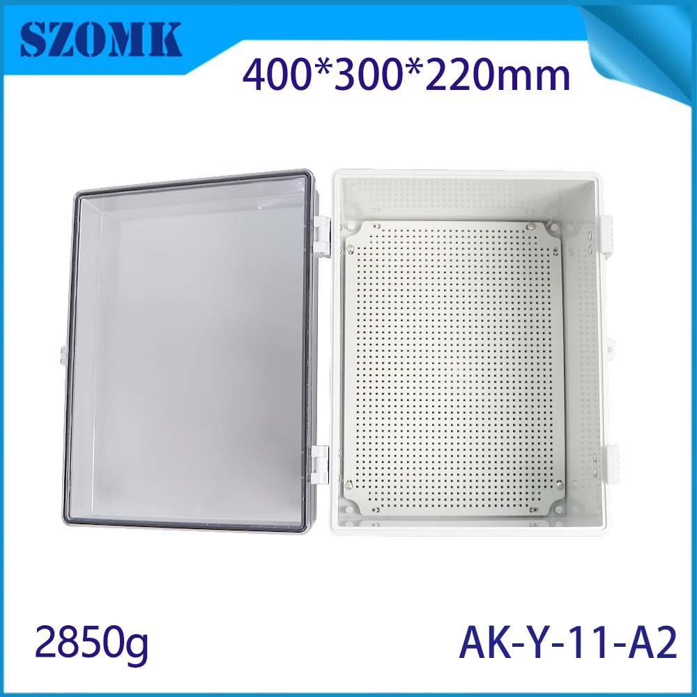 AK-Y-11A2 مخصص IP67 مقاوم للماء ABS & PC مواد الوصلات مربع العلبة البلاستيكية للأجهزة الإلكترونية العلبة العالمية في الهواء الطلق مع غطاء واضح الرمادي 400x300x220mm