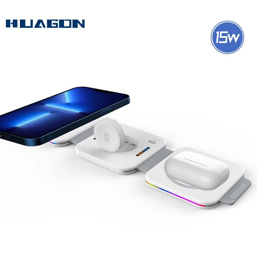China 15w dobramento magnético de carregamento rápido 3 em 1 carregador sem fio para iPhone Apple Watch Airpods fabricante