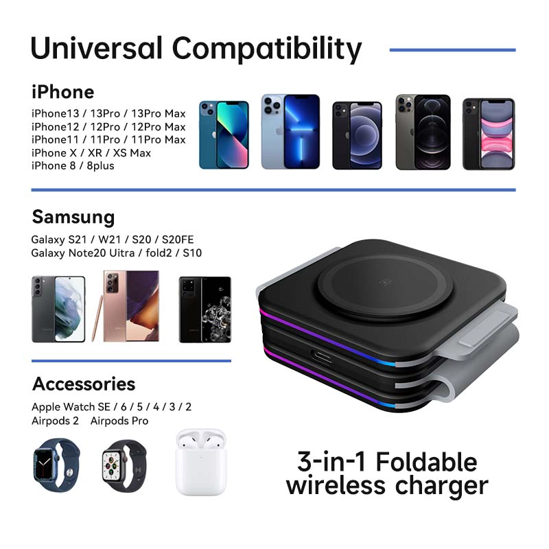 可折叠 3 合 1 无线充电器站 三合一无线充电器 适用于 iPhone 耳机 Apple Watch