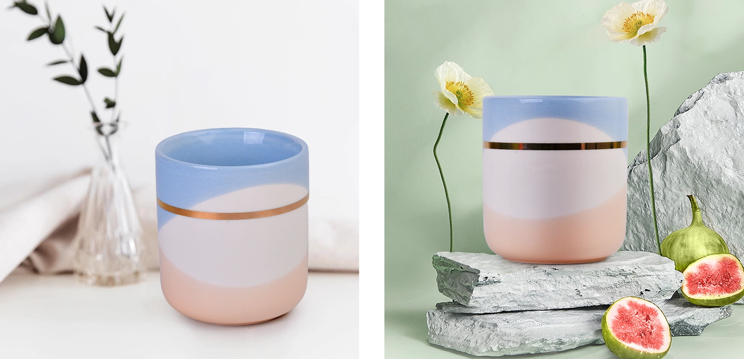 Custom gold loop blue white orange wavy pattern empty ceramic candle container jar
