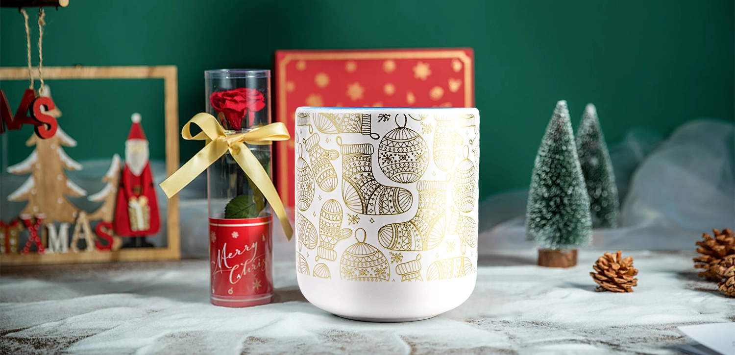 Wholesale 414ml empty christmas applique printing ceramic candle jars