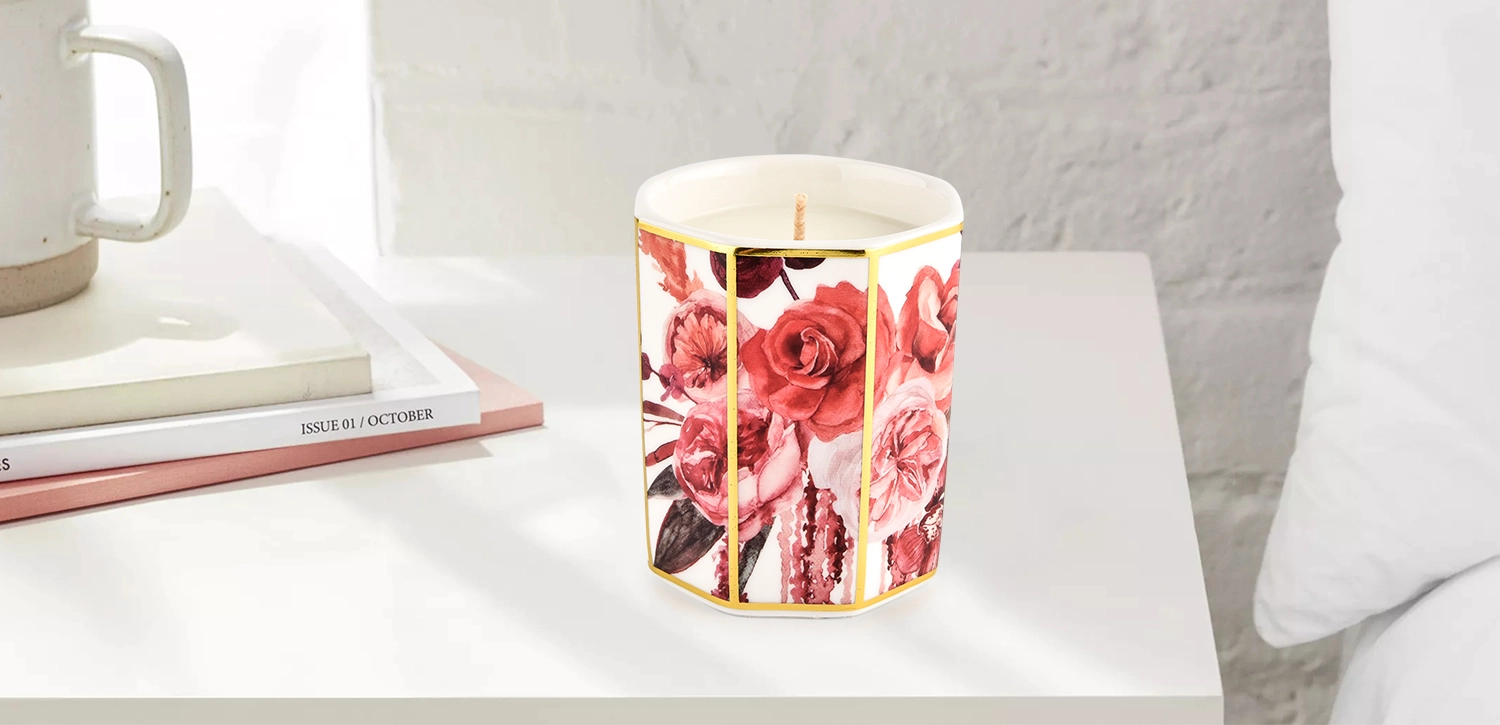 Wholesale custom octagonal decal of red roses ceramic candle jar Wholesale custom octagonal decal of red roses ceramic candle jar