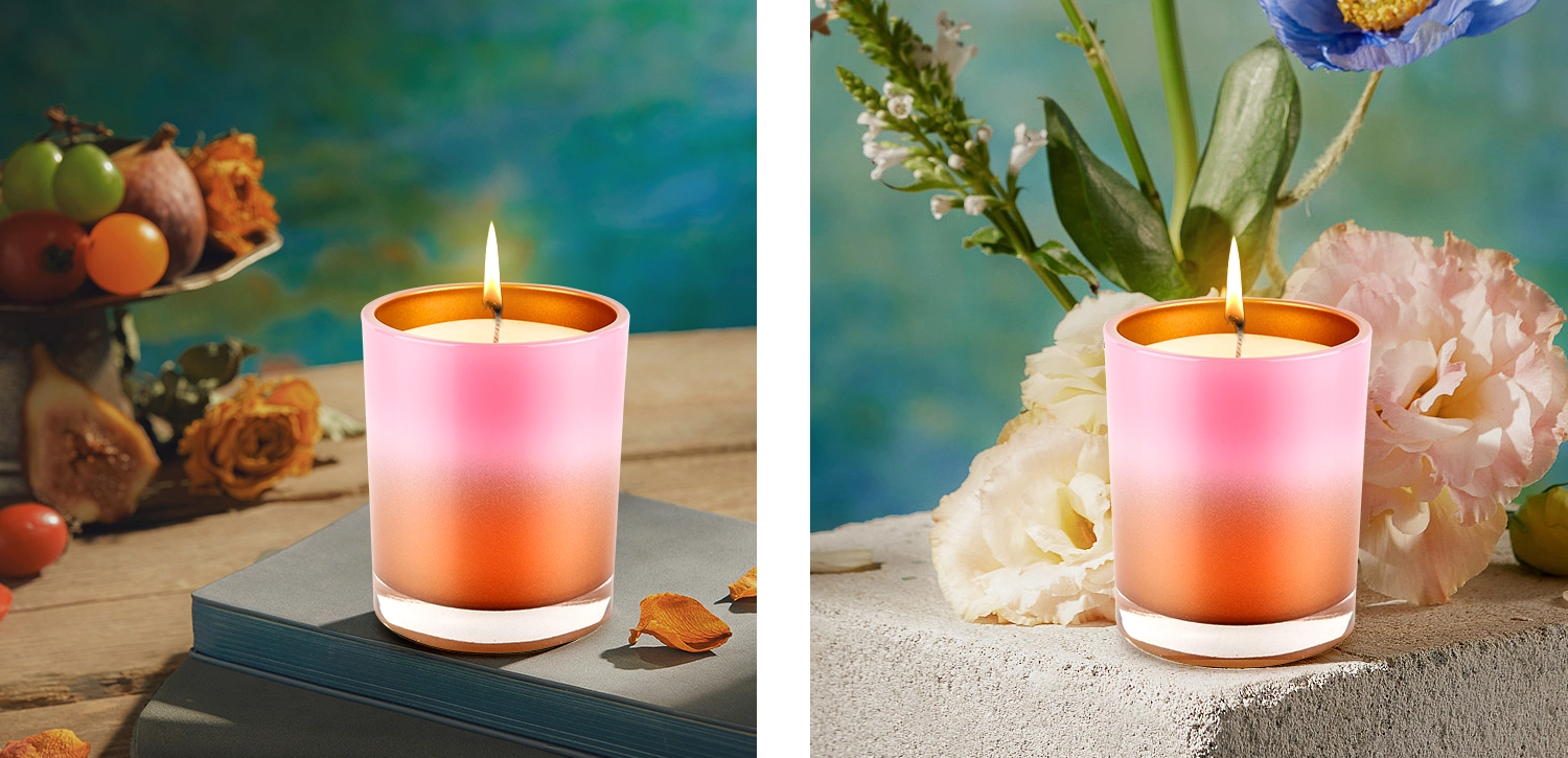 Luxury customized Straight Edge Glass Candle Container Orange gradient pink wholesale Luxury customized Straight Edge Glass Candle Container Orange gradient pink wholesale