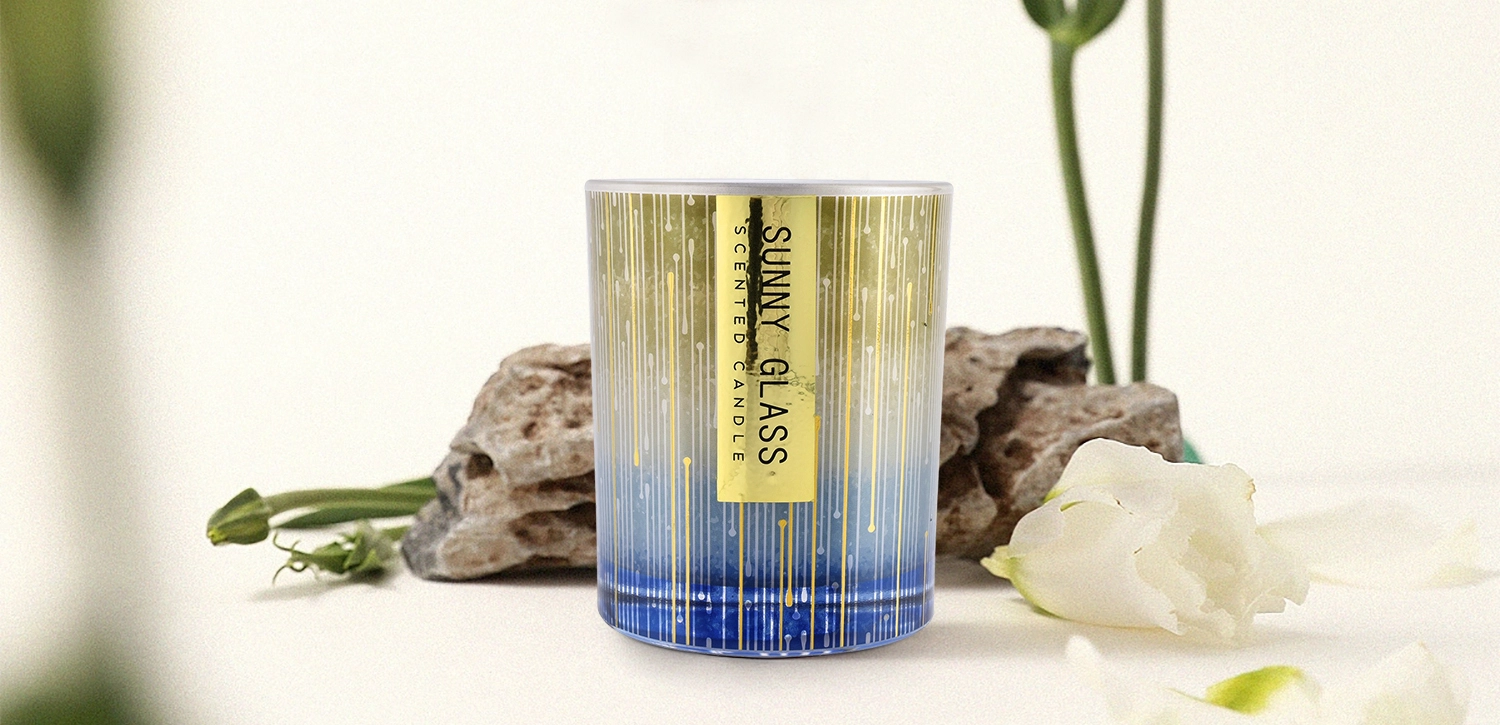 Luxury home custom vertical stripe blue and yellow glass candle jar Luxury home custom vertical stripe blue and yellow glass candle jar