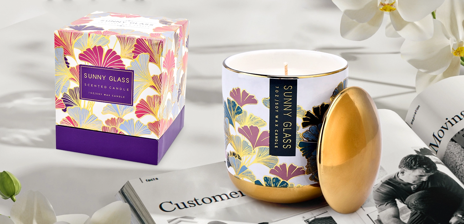 Wholesale blue ginkgo flower hot gold sticker ceramic candle holder with lid