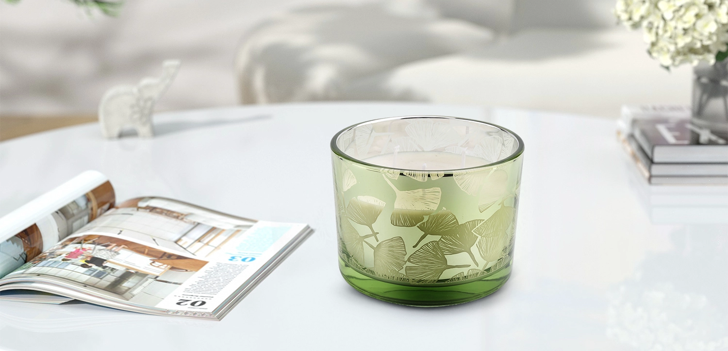 Wholesale 500ml wide mouth green lotus leaf pattern large glass candle jar
