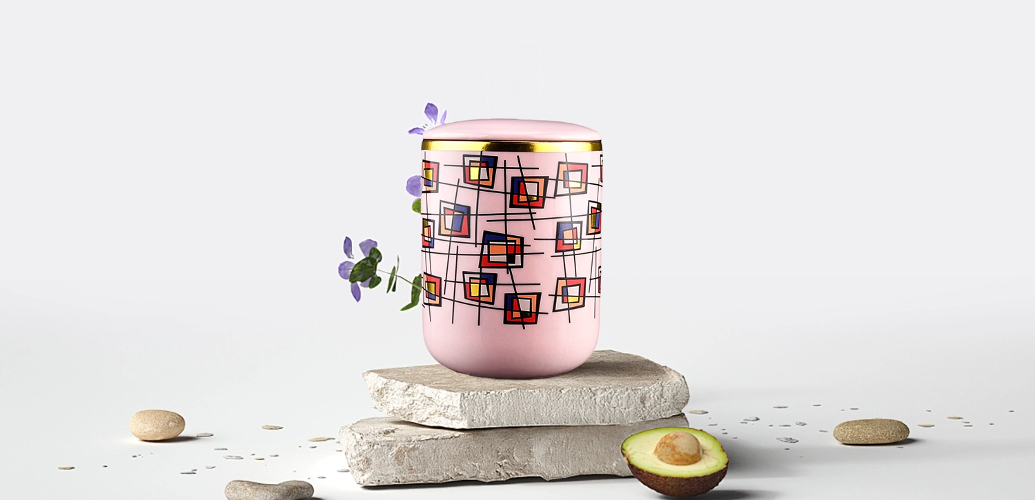 Ceramic candle holder with lid wholesale pink multicolored block pattern for candle making Ceramic candle holder with lid wholesale pink multicolored block pattern for candle making