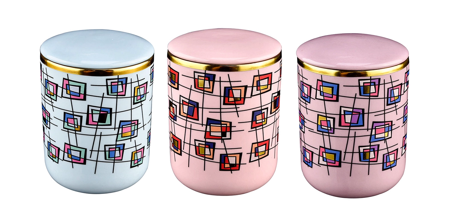 374ml wholesale cool purple multicolored block pattern ceramic candle holder with lid