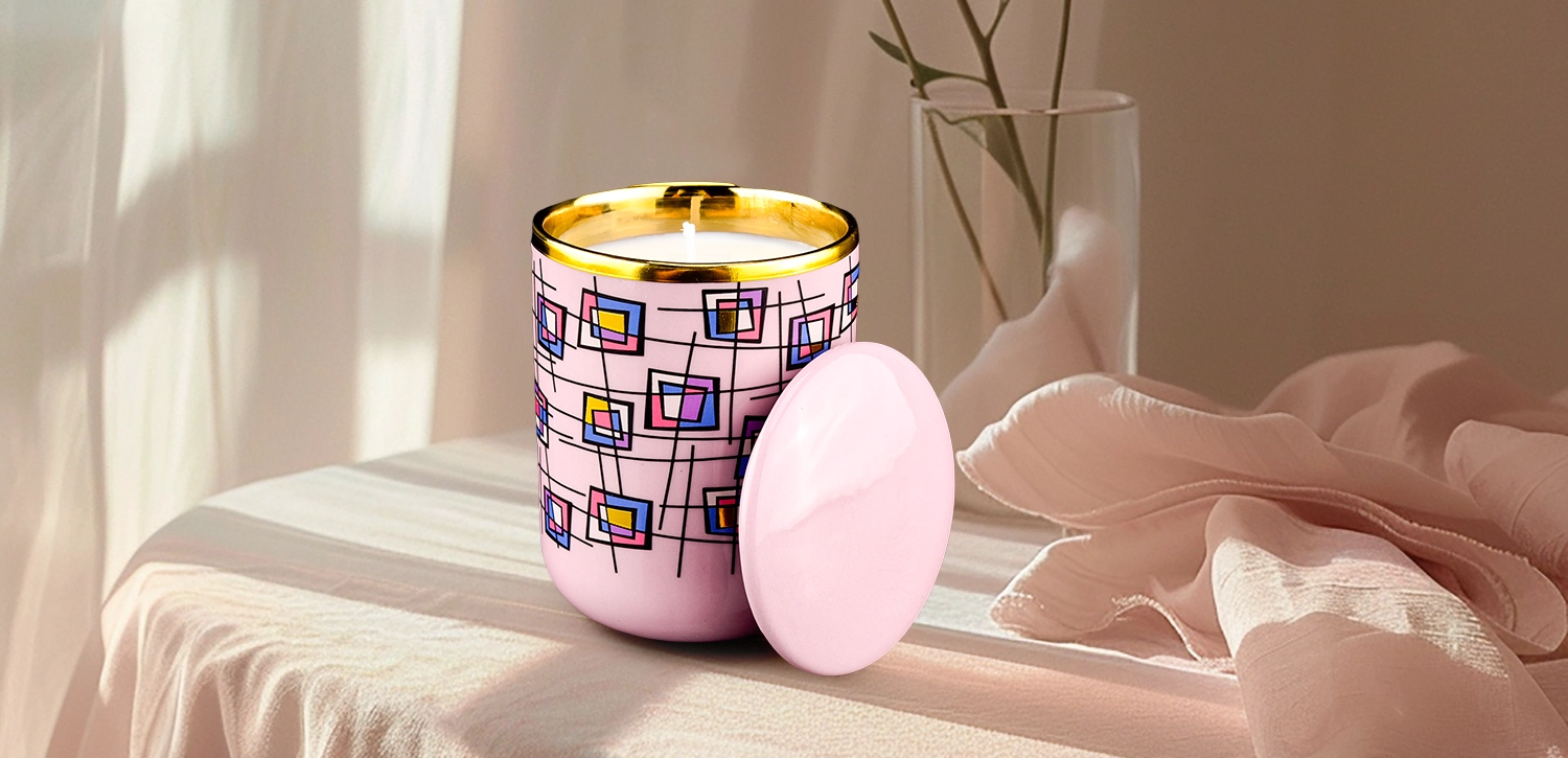 374ml wholesale cool purple multicolored block pattern ceramic candle holder with lid