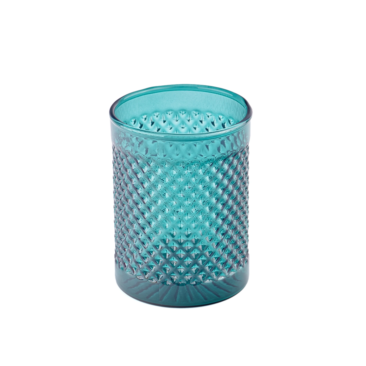 Modern custom recessed green glass candle jar with grain pattern
