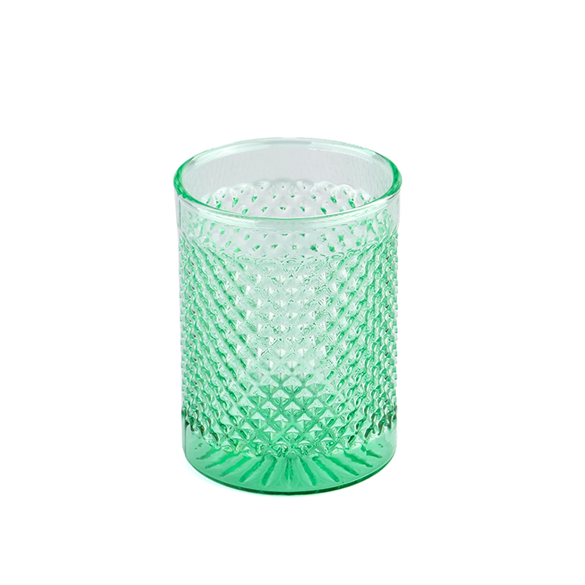 Modern custom recessed green glass candle jar with grain pattern