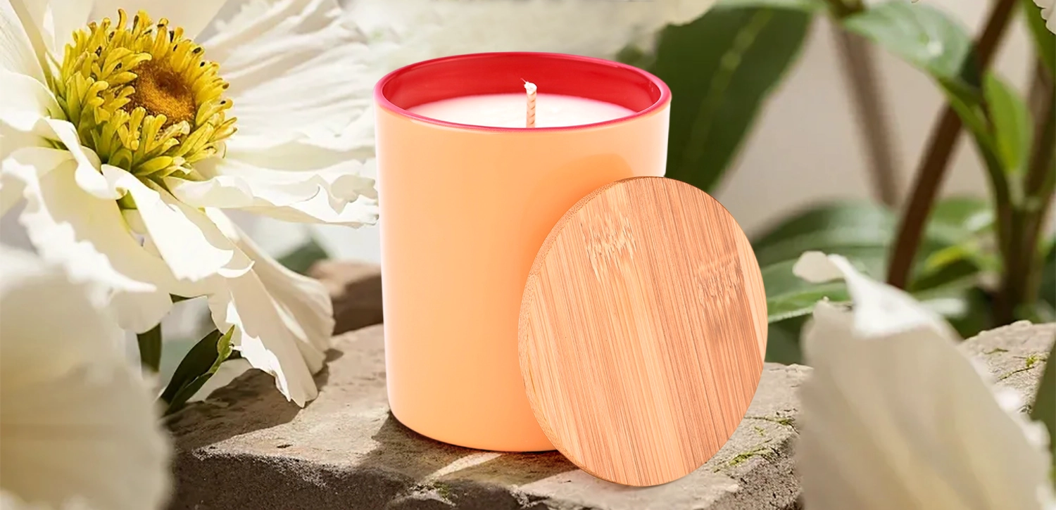 Wholesale large flat bottom inside red outside orange glass candle holder with wooden lids