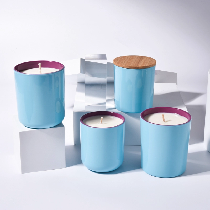 Custom nordic large flat bottom inside purple outside blue glass candle holder with wooden lids
