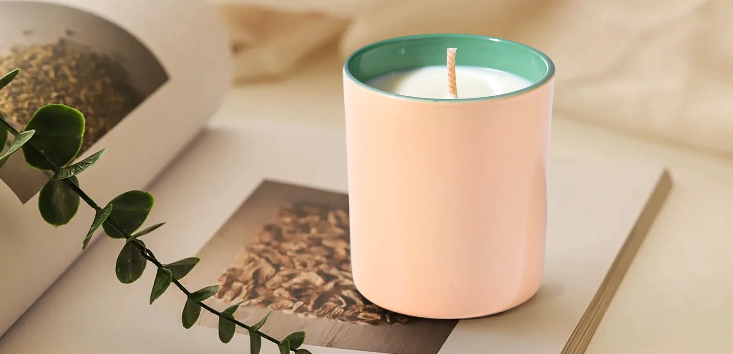 Newly designed inside green outside apricot glass candle holder with wooden lids home decor