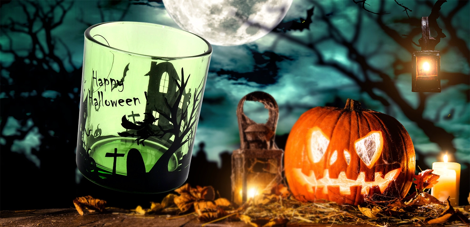 Wholesale halloween clear green glass candle jars for holiday decorations