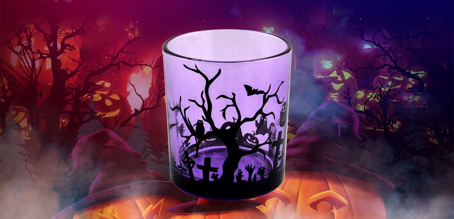 Manufacturers direct custom purple halloween graffiti decorated empty glass candle jars Manufacturers direct custom purple halloween graffiti decorated empty glass candle jars
