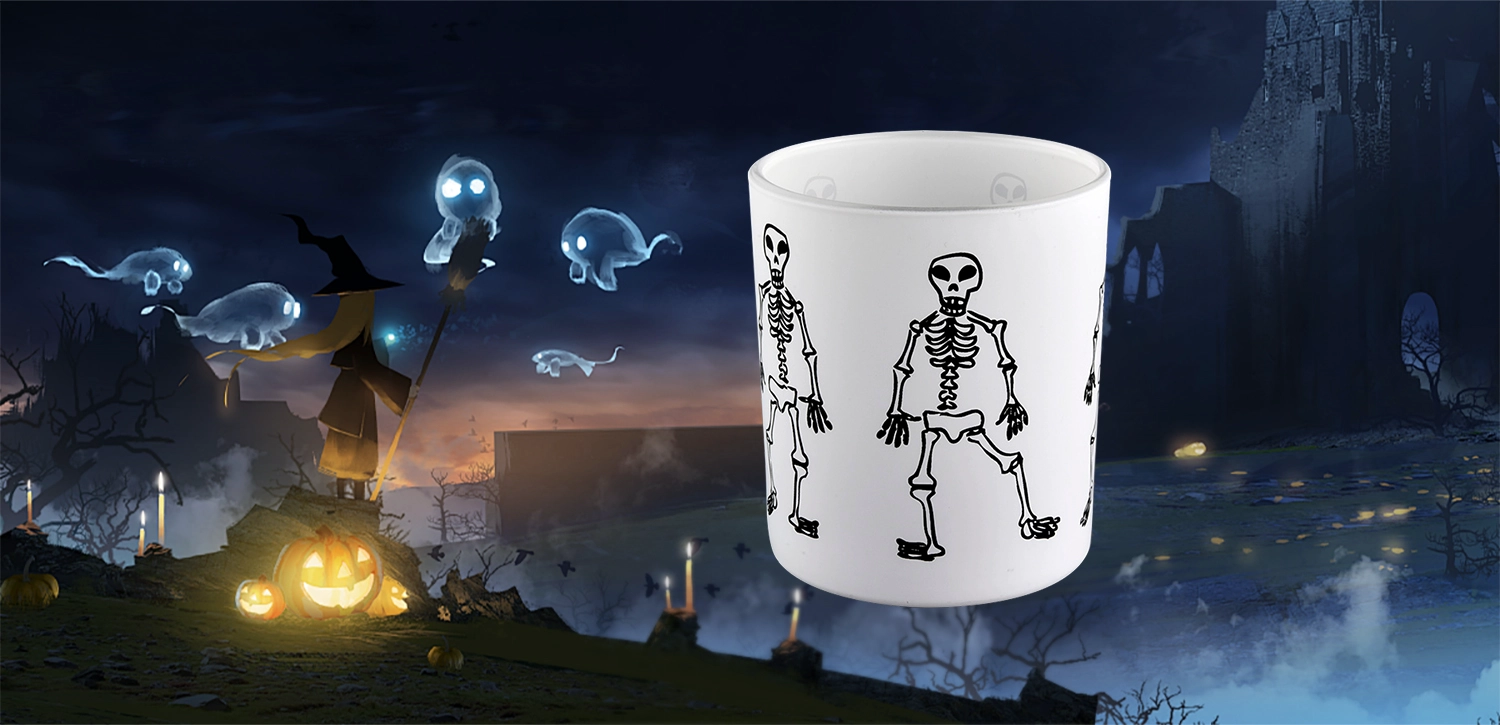 Factory direct Halloween white frosted glass candle jar with black skull man graffiti pattern