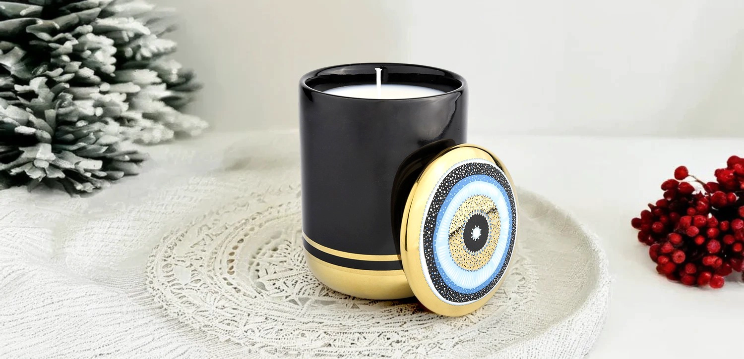 New Turkish Blue Eye Style Ceramic Candle Jar with Lid for Home Decoration
