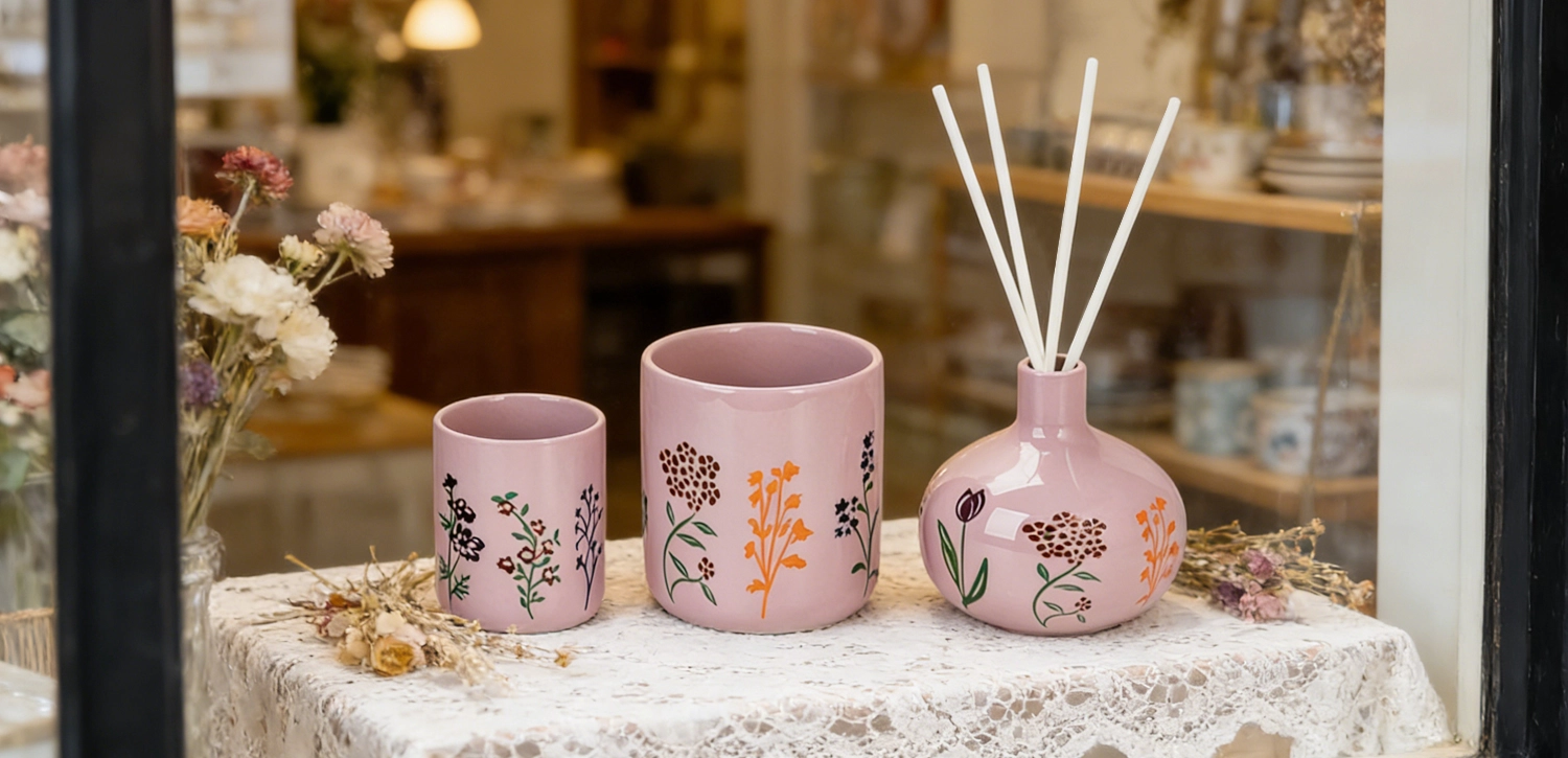 Wholesale Dusty Pink Wildflower Embossed Ceramic Candle Jars