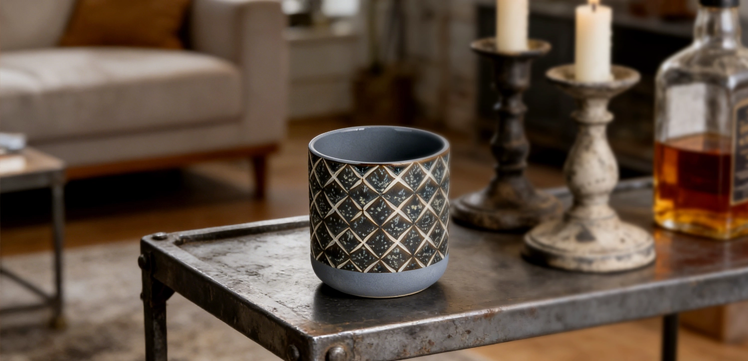 Wholesale Vintage Blue Ceramic Candle Holder with Diamond Lattice Design