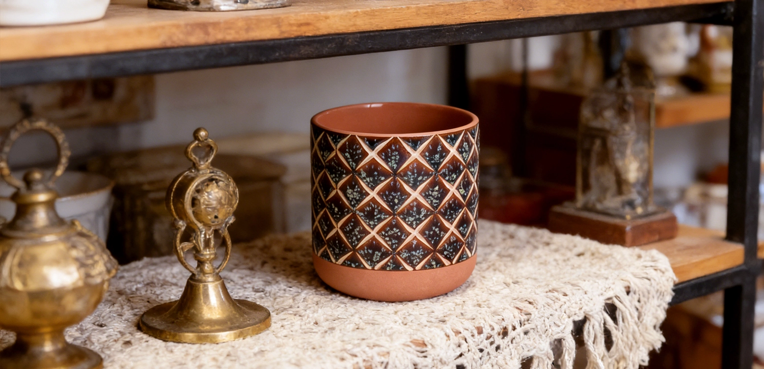 Customized Bulk Terracotta & Blue Lattice Ceramic Candle Jars