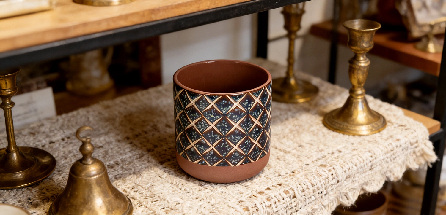 Wholesale Bulk Blue Lattice Ceramic Candle Jars with Terracotta Rim