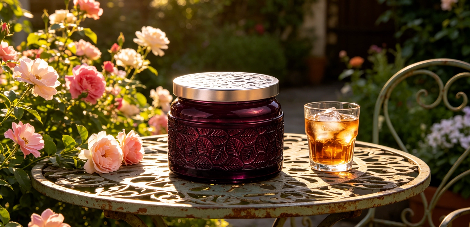 Wholesale Embossed Purple Glass Candle Jars with Metal Lids