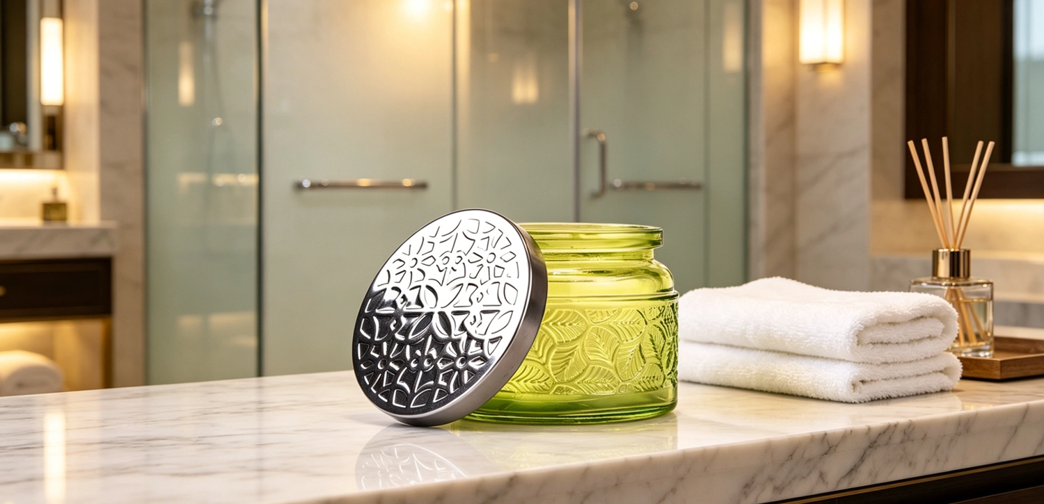 Wholesale Lime Green Embossed Glass Candle Vessels with Hammered Metal Lids