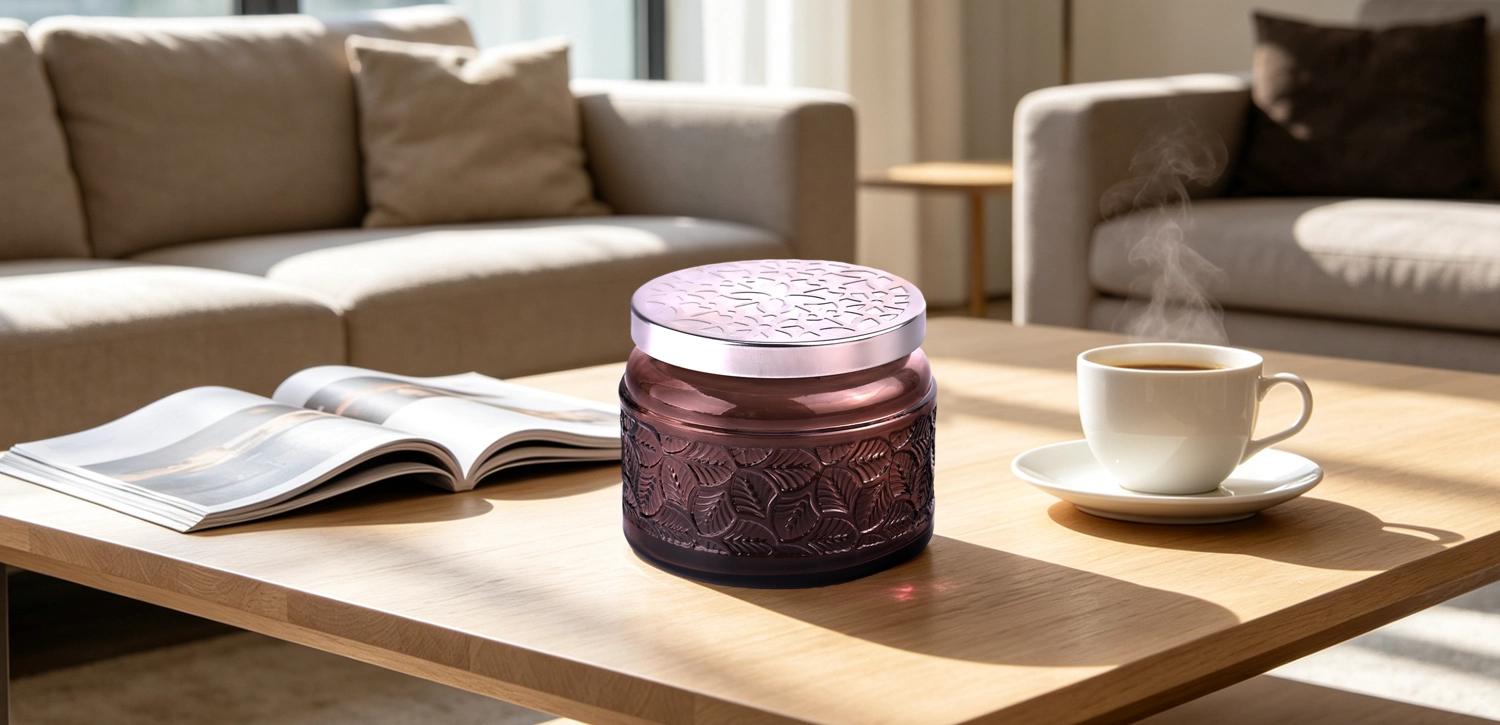 Wholesale Amber Brown Embossed Glass Candle Vessels with Lids
