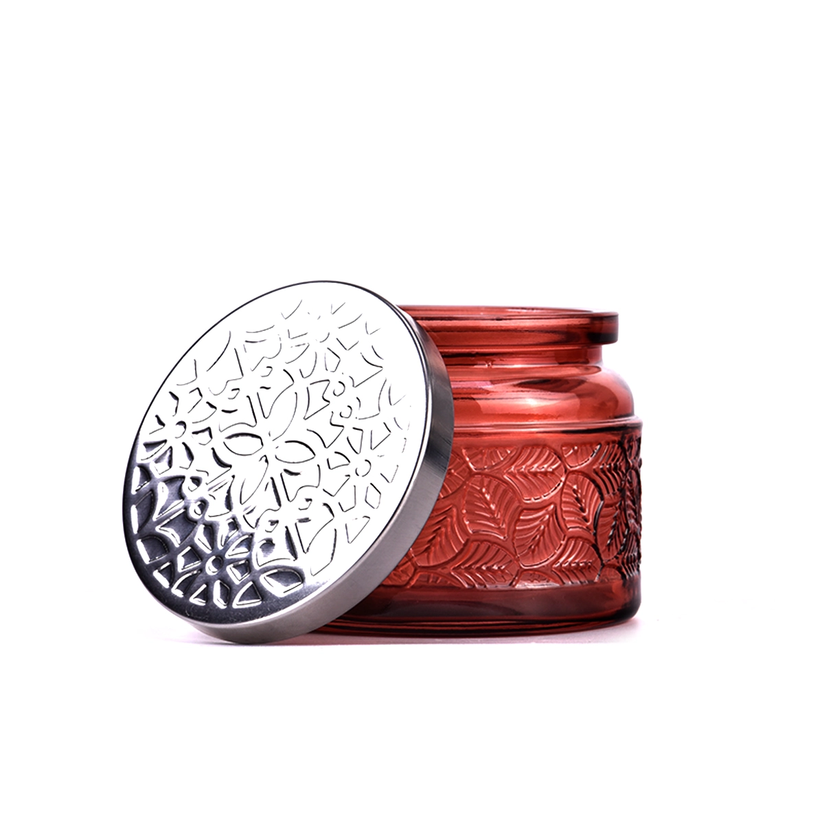 Wholesale Red Embossed Glass Candle Jars with Metal Lids